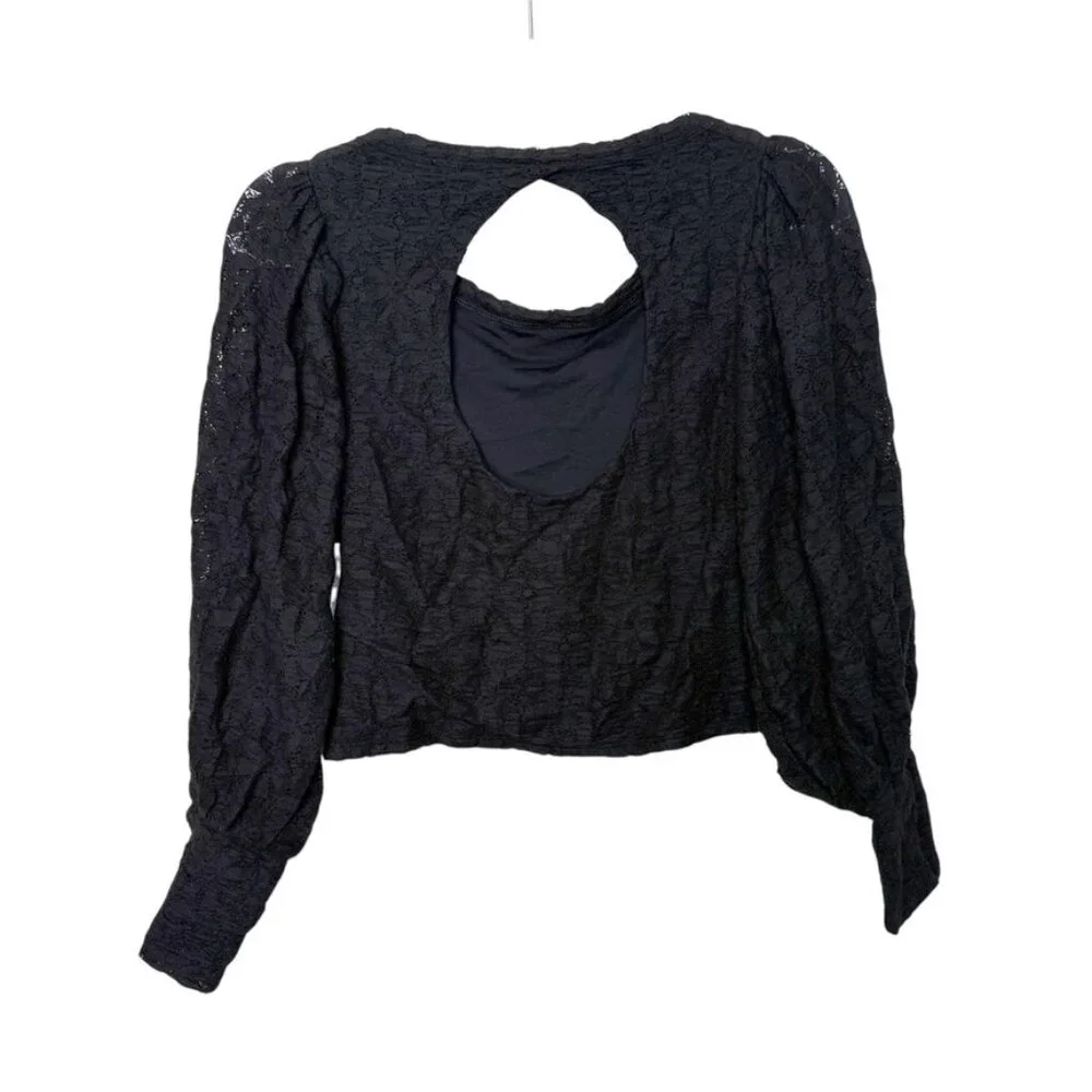 Free People Tea Time Blouse Women M Black Lace Open Back Puffed Sleeves Boho NWT